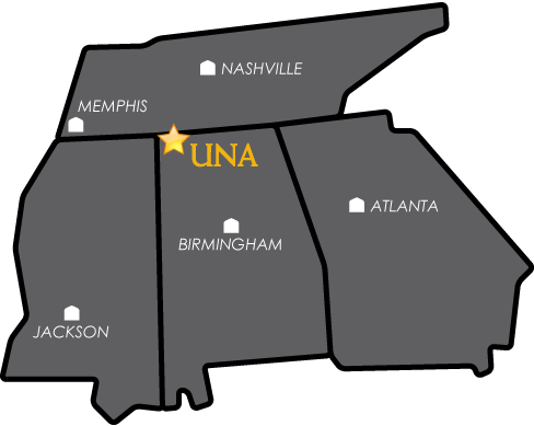 Map showing UNA's location in the southeastern region of the U.S.